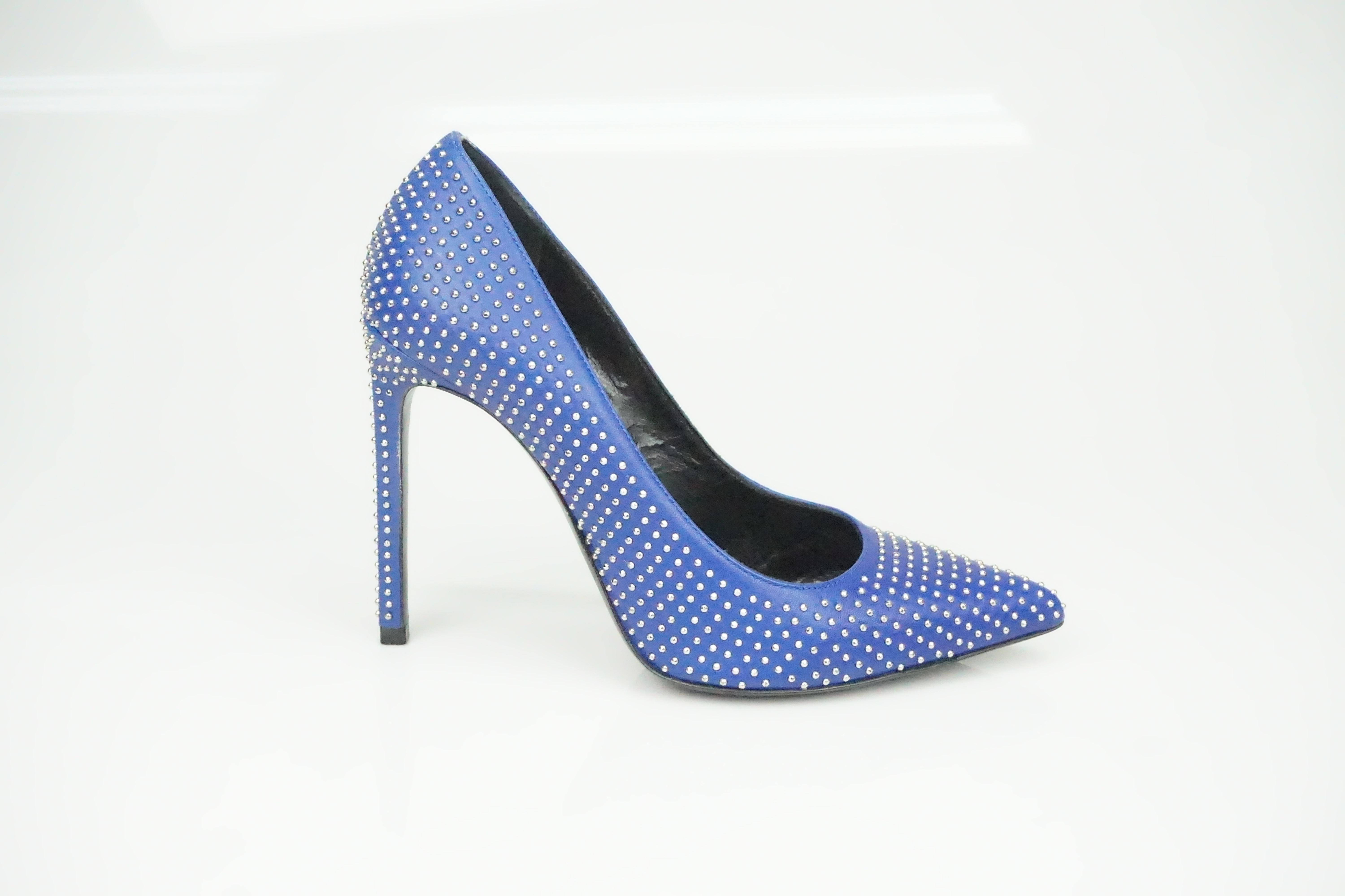 Saint Laurent Royal Blue Calfskin Micro Stud Pumps - 36  These gorgeous pumps are in good condition. The shoes have some use on the bottom. Other than that they are in very good condition. The shoe is covered in silver metal studs and there is a