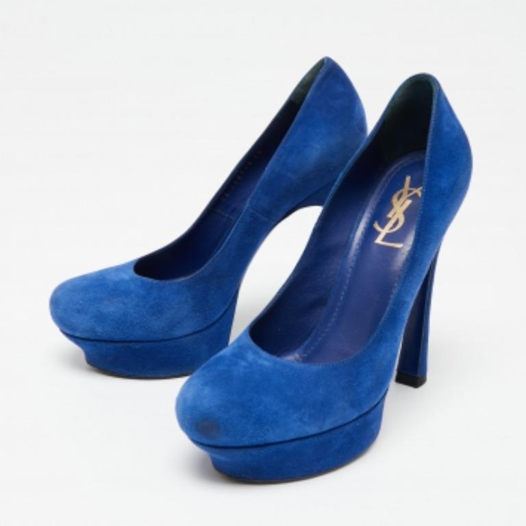 Women's Saint Laurent Royal Blue Suede Palais Platform Pumps Size 39 For Sale
