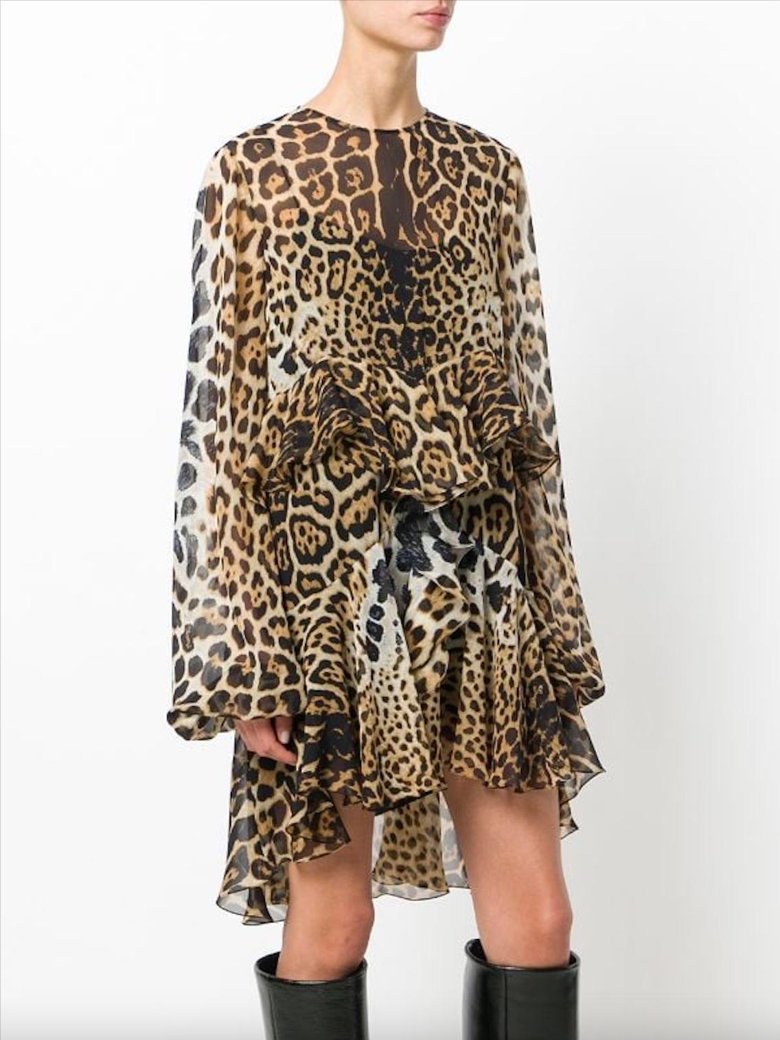 Saint Laurent Vestido de manga larga de gasa de seda con estampado de leopardo y volantes Talla 38 Negro
