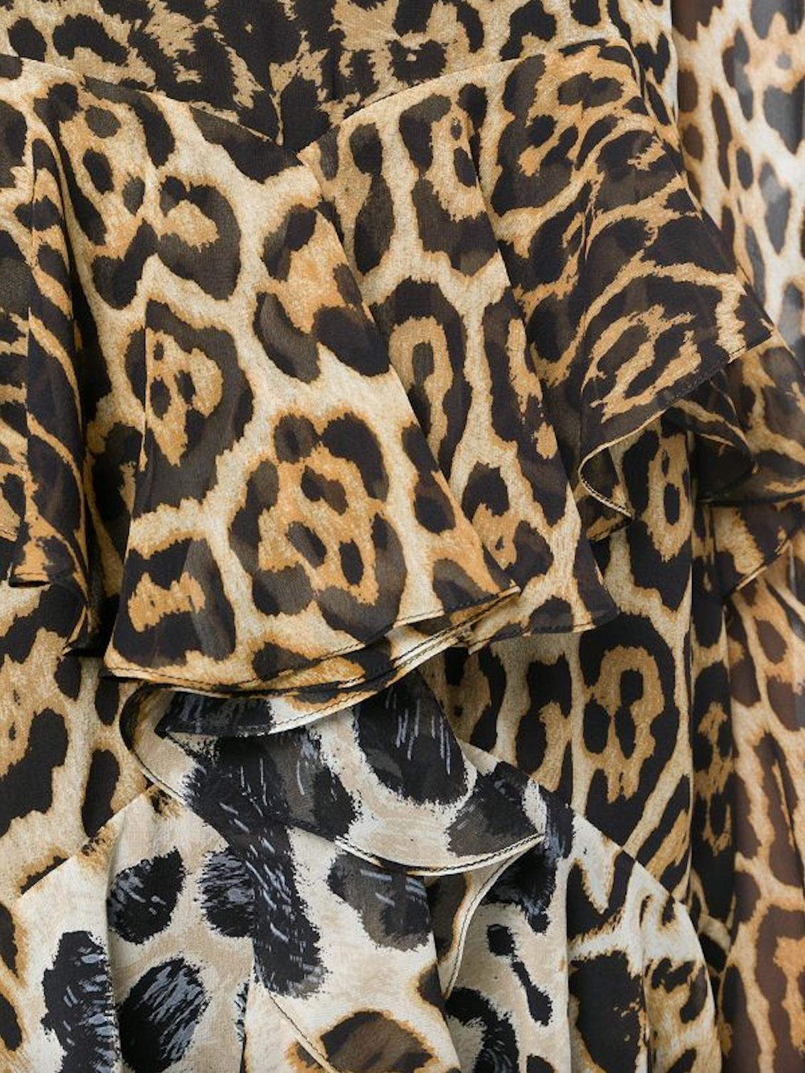 Women's Saint Laurent Ruffles Leopard Print Silk Chiffon Long Sleeve Dress Size 38