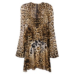Saint Laurent Vestido de manga larga de gasa de seda con estampado de leopardo y volantes Talla 38