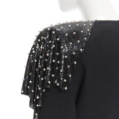 SAINT LAURENT Runway black chainmail stud shoulder pad belted dress FR38 S