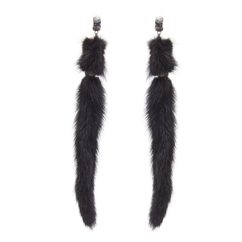Women's SAINT LAURENT Runway black mink fur tassel pierced statement earring