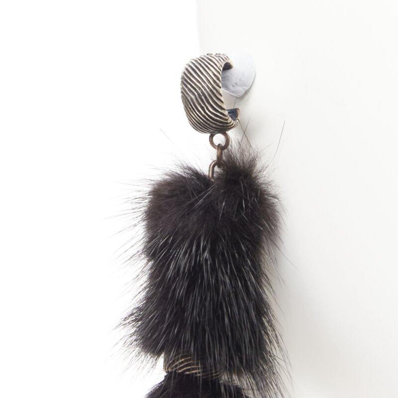 SAINT LAURENT Runway black mink fur tassel pierced statement earring 1