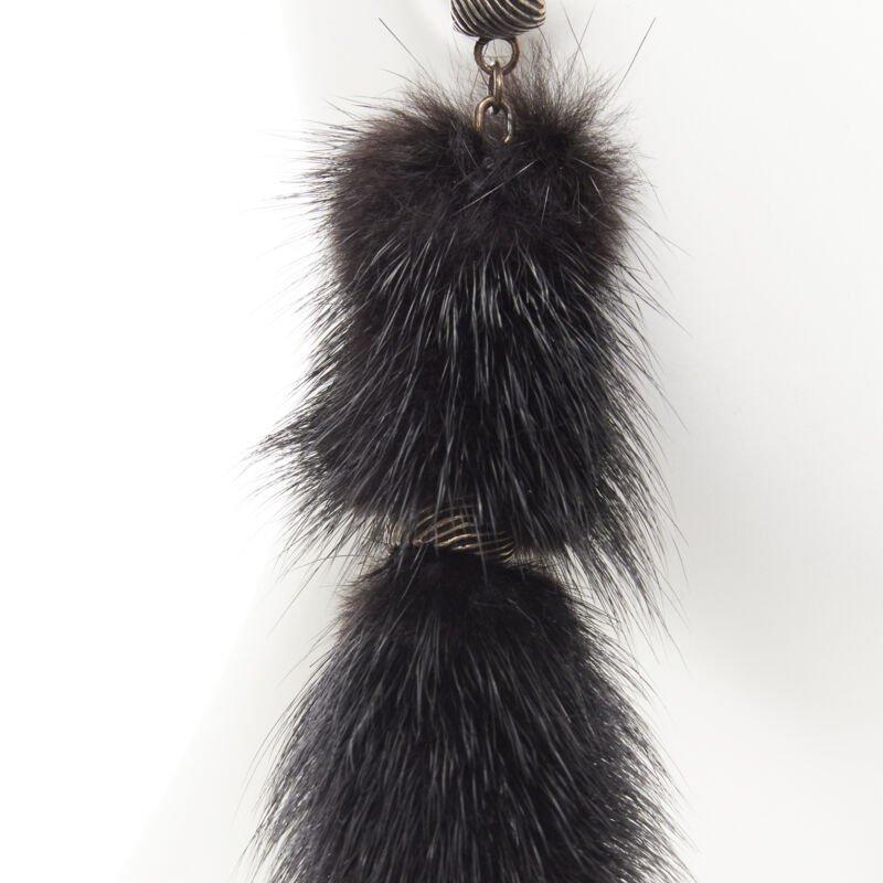 SAINT LAURENT Runway black mink fur tassel pierced statement earring 2