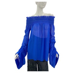 Saint Laurent Laufsteg Blau Seide Georgette schulterfreies Top Bluse Französisch 38 US 6
