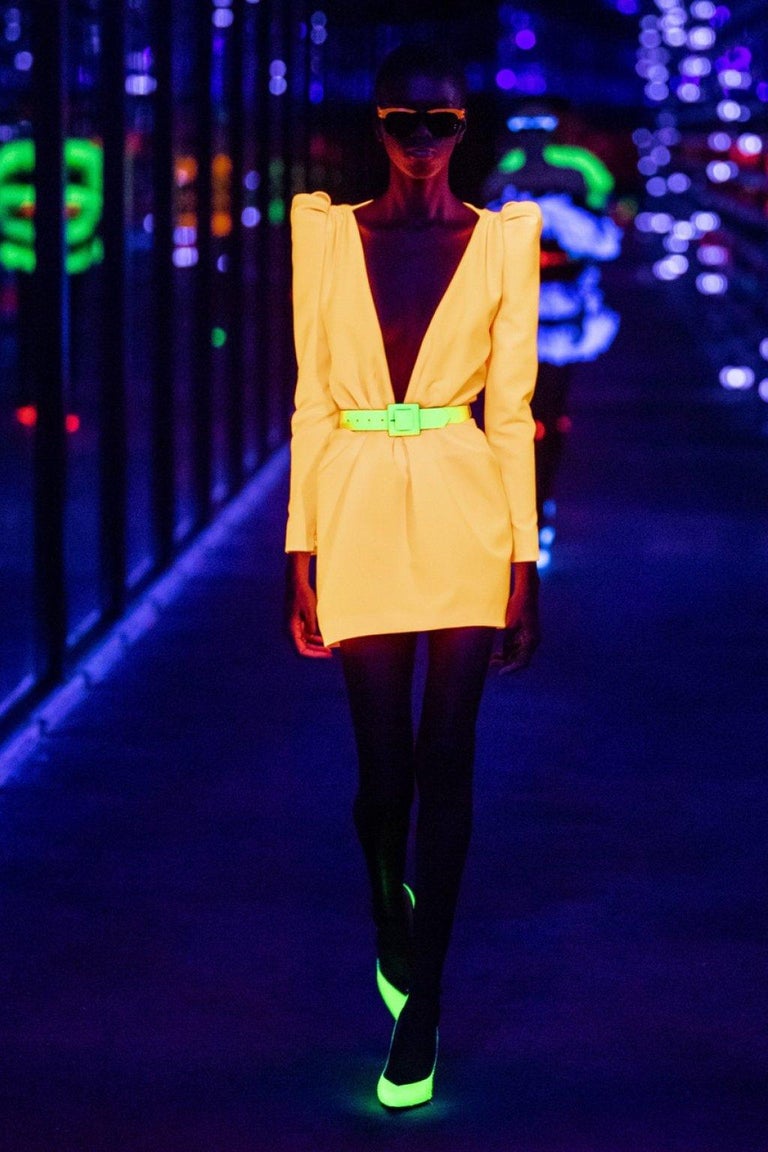 neon winter dress Saint Laurent Runway Neon Orange Long Sleeve Plunging V-Neck Mini Dress  Size 36 at 1stDibs