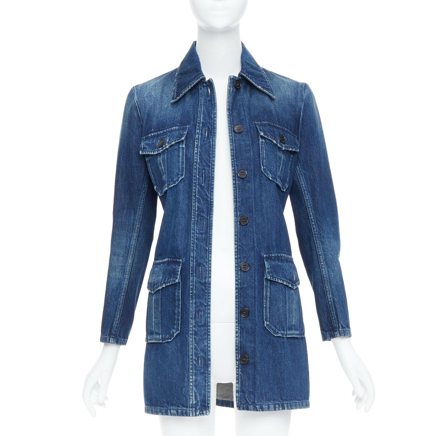 Bleu SAINT LAURENT Saharienne - Robe chemise safari à ceinture en jean lavé bleu indigo en vente