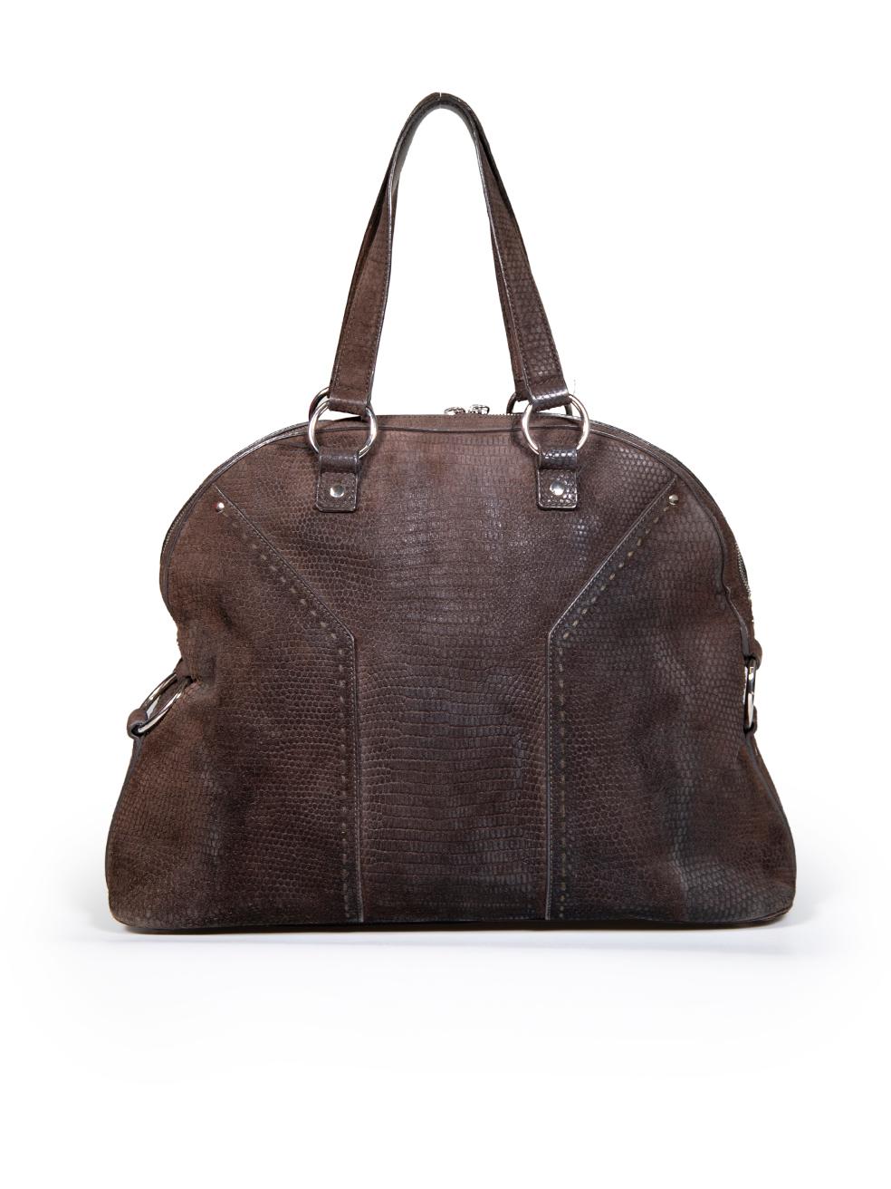 Saint Laurent Saint Laurent rive gauche Brown Suede Lizard Embossed Muse Bag In Good Condition For Sale In London, GB