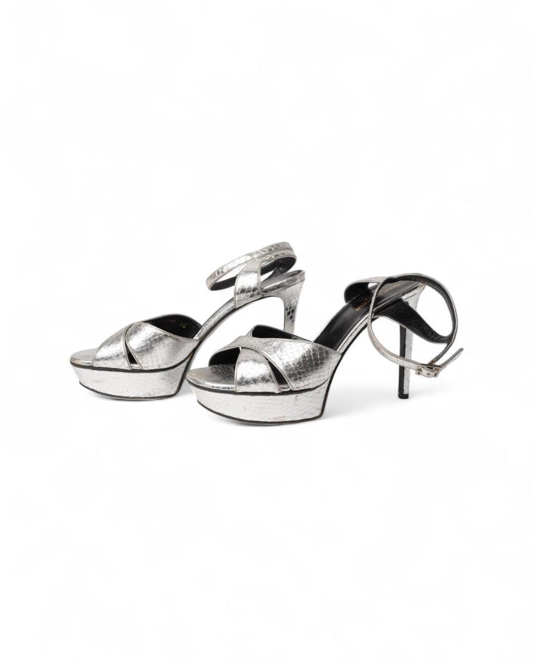 Gray Saint Laurent Silver Python Sandal For Sale