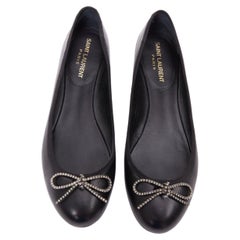 SAINT LAURENT Seta black leather rhinestone crystal bow ballerina flats EU37