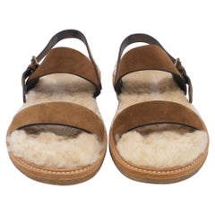 Saint Laurent Shearling-Lined Slingback Strap Sandals in Brown Suede
