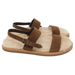 Saint Laurent Shearling-Lined Slingback Strap Sandals in Brown Suede