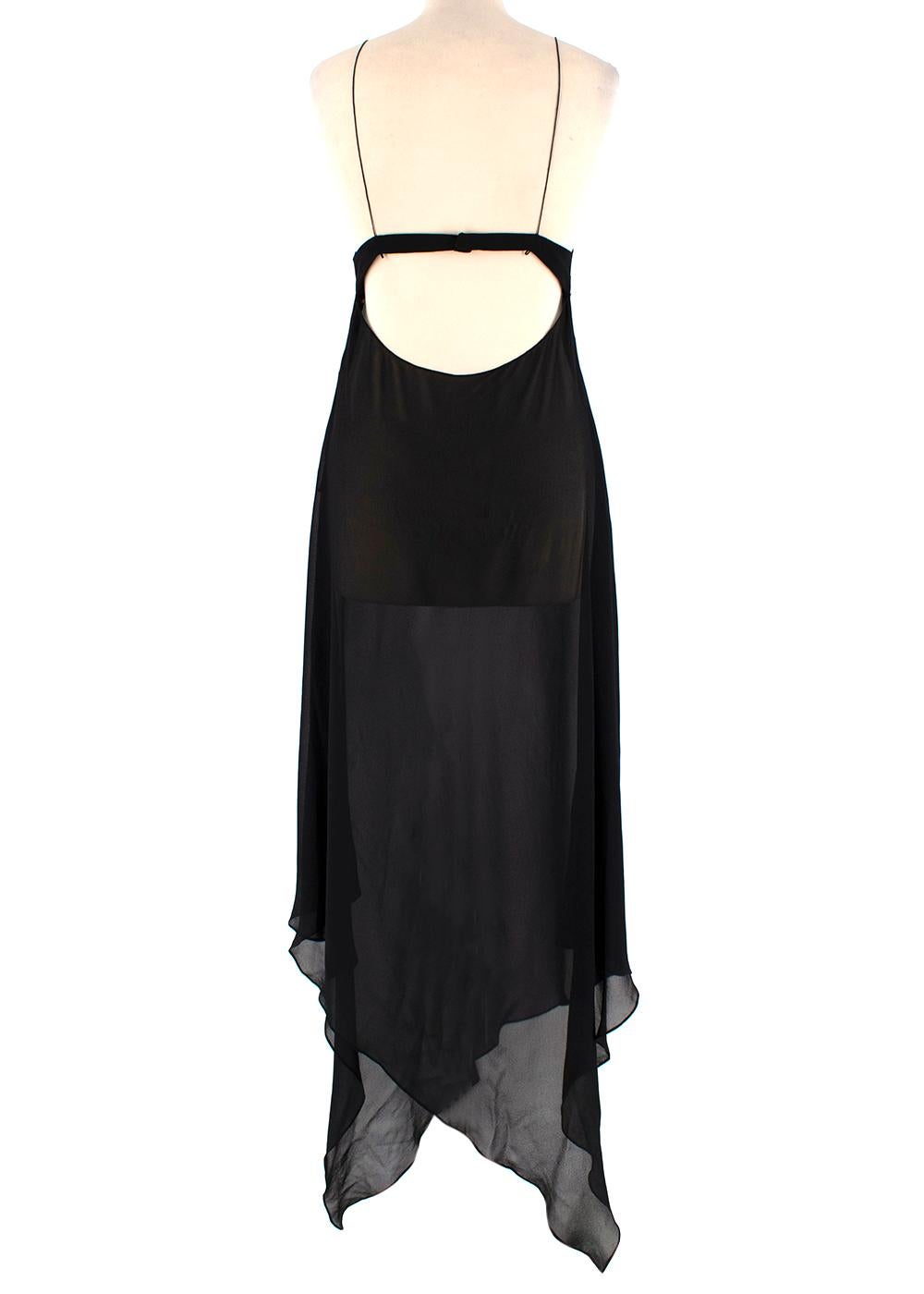 Saint Laurent Sheer Black Strappy Dress

- Deep V neck 
- Open Low Back 
- Lightweight And Flowing Silhouette 
- Handkerchief  Hem 
-  Hook and Clasp Fastening 

Material:
- 100% Silk

Made in France 
Measurements are taken with the item lying flat,