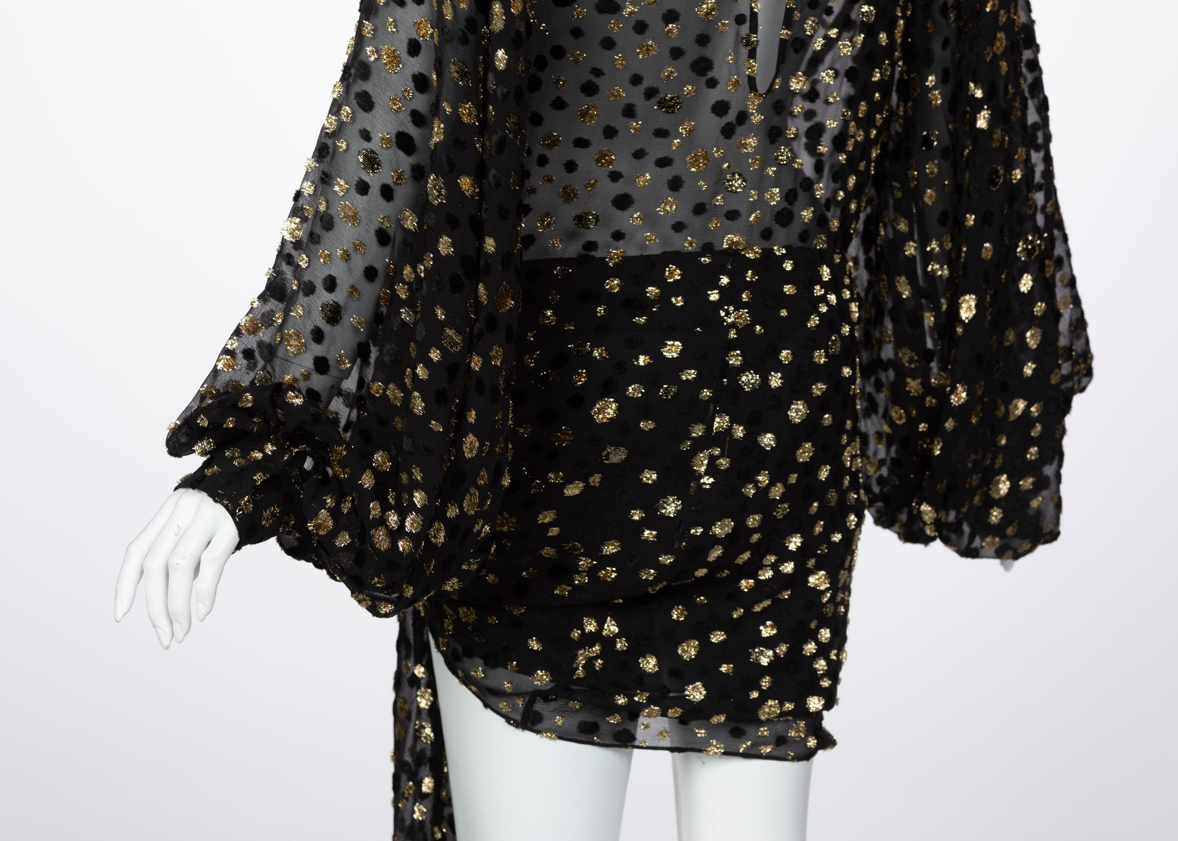 Saint Laurent Sheer Black Silk Gold Lurex Dot Cut Out Back Tunic Mini Dress For Sale 3