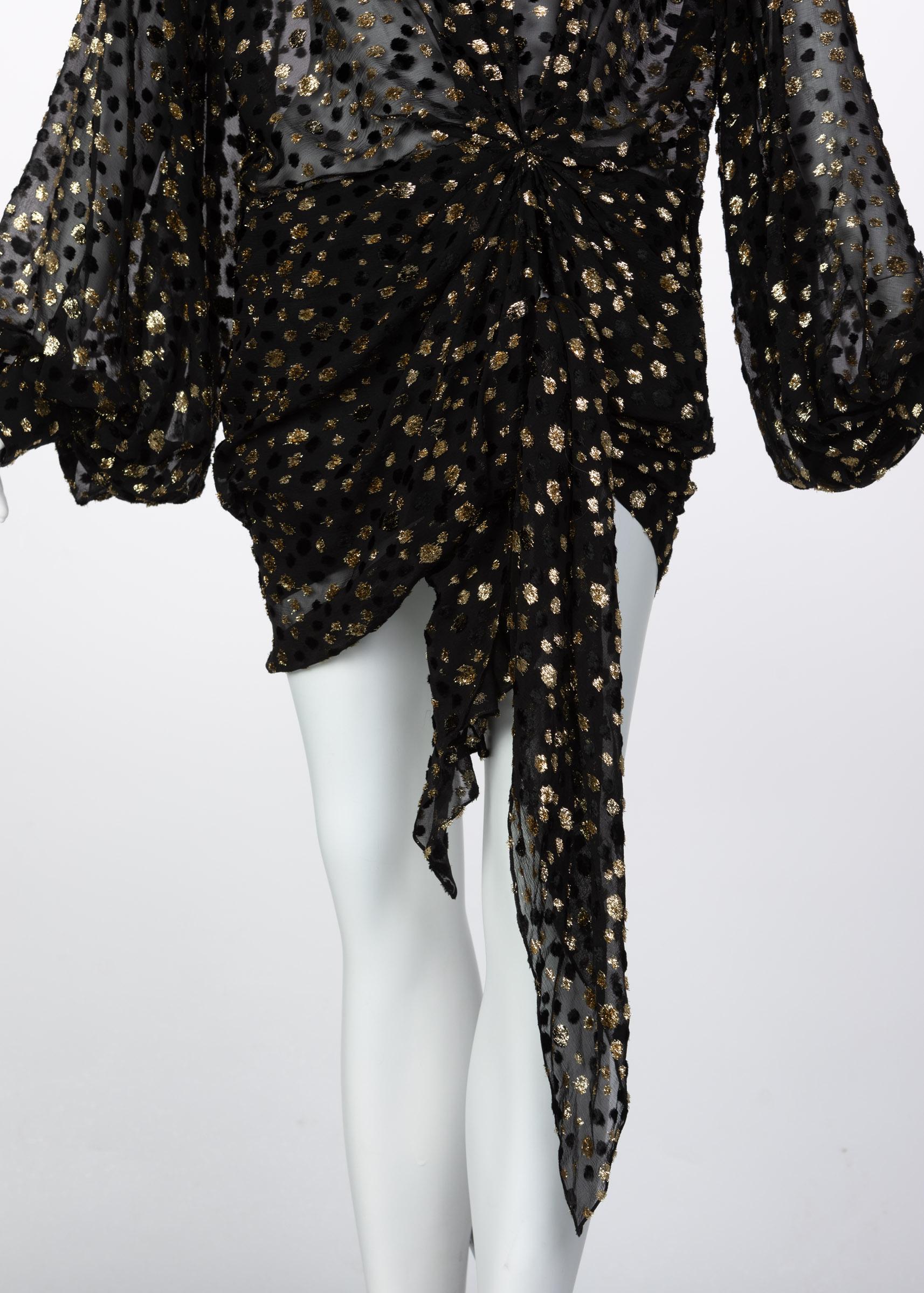 Saint Laurent Sheer Black Silk Gold Lurex Dot Cut Out Back Tunic Mini Dress For Sale 4