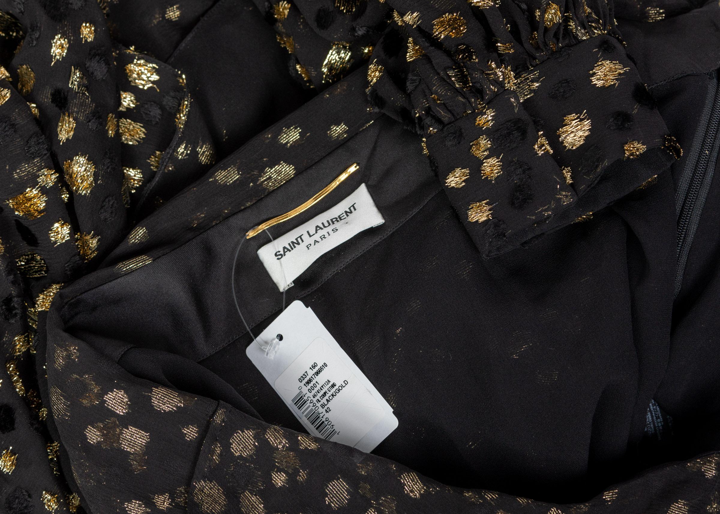 Saint Laurent Schwarzes durchsichtiges Tunika-Minikleid aus Seide und Gold mit Lurex und Punkten im Rückenausschnitt im Angebot 8