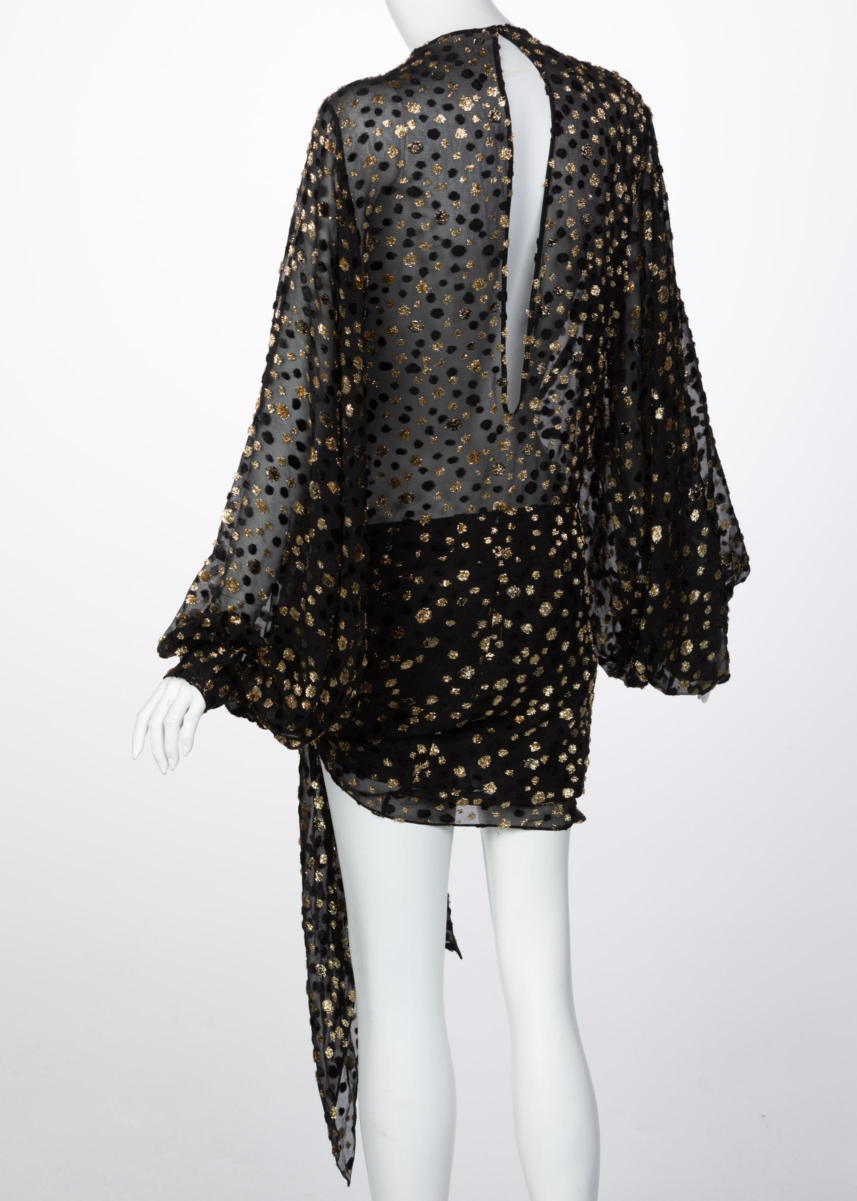 Saint Laurent Schwarzes durchsichtiges Tunika-Minikleid aus Seide und Gold mit Lurex und Punkten im Rückenausschnitt Damen im Angebot