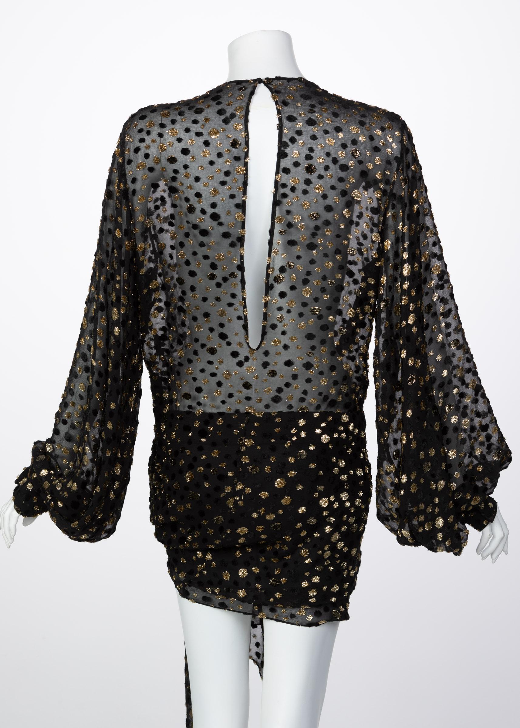 Saint Laurent Sheer Black Silk Gold Lurex Dot Cut Out Back Tunic Mini Dress In Excellent Condition In Boca Raton, FL