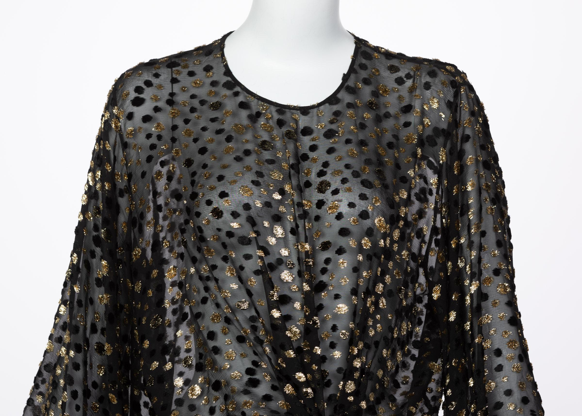 Women's Saint Laurent Sheer Black Silk Gold Lurex Dot Cut Out Back Tunic Mini Dress For Sale