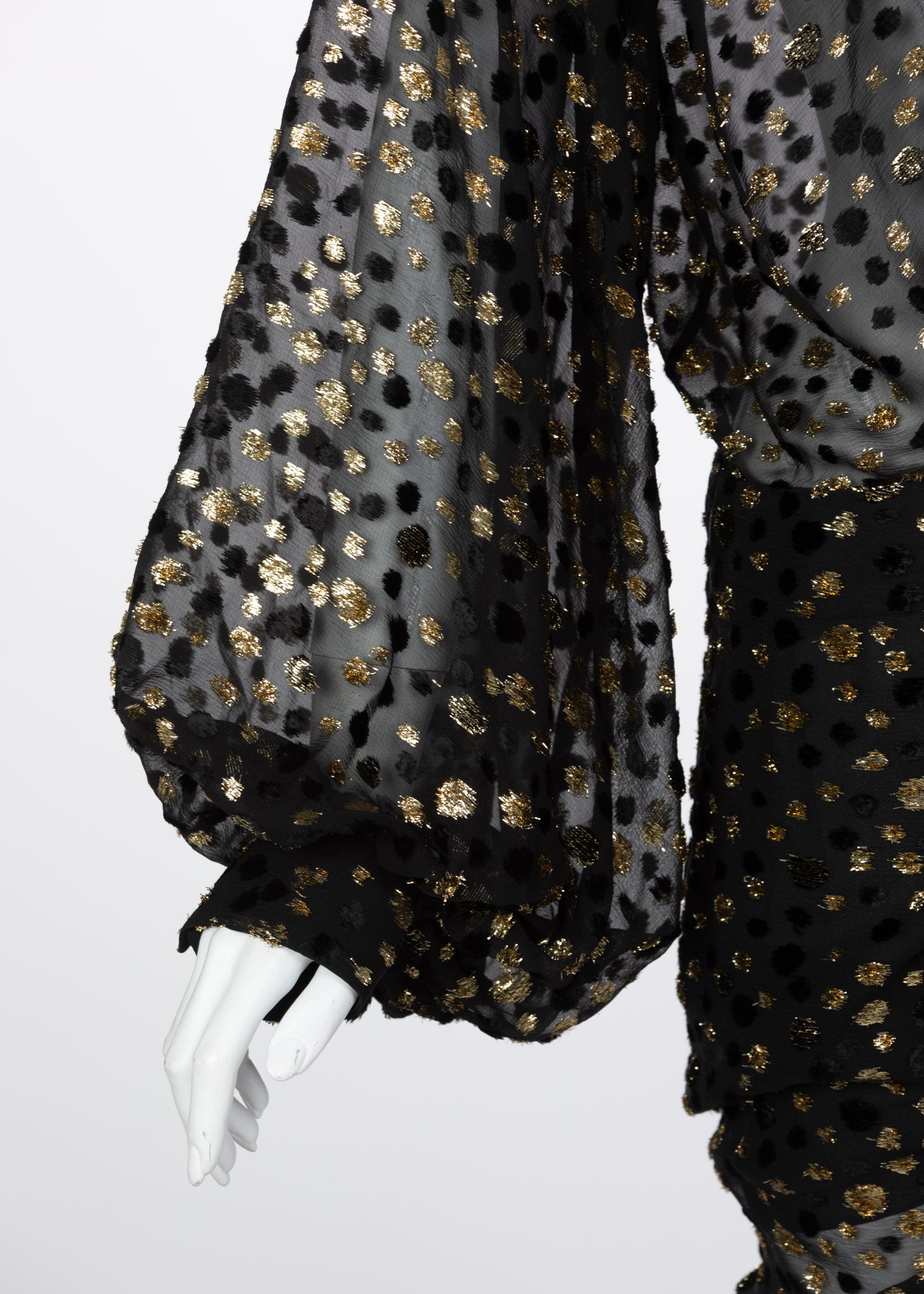 Saint Laurent Sheer Black Silk Gold Lurex Dot Cut Out Back Tunic Mini Dress For Sale 1