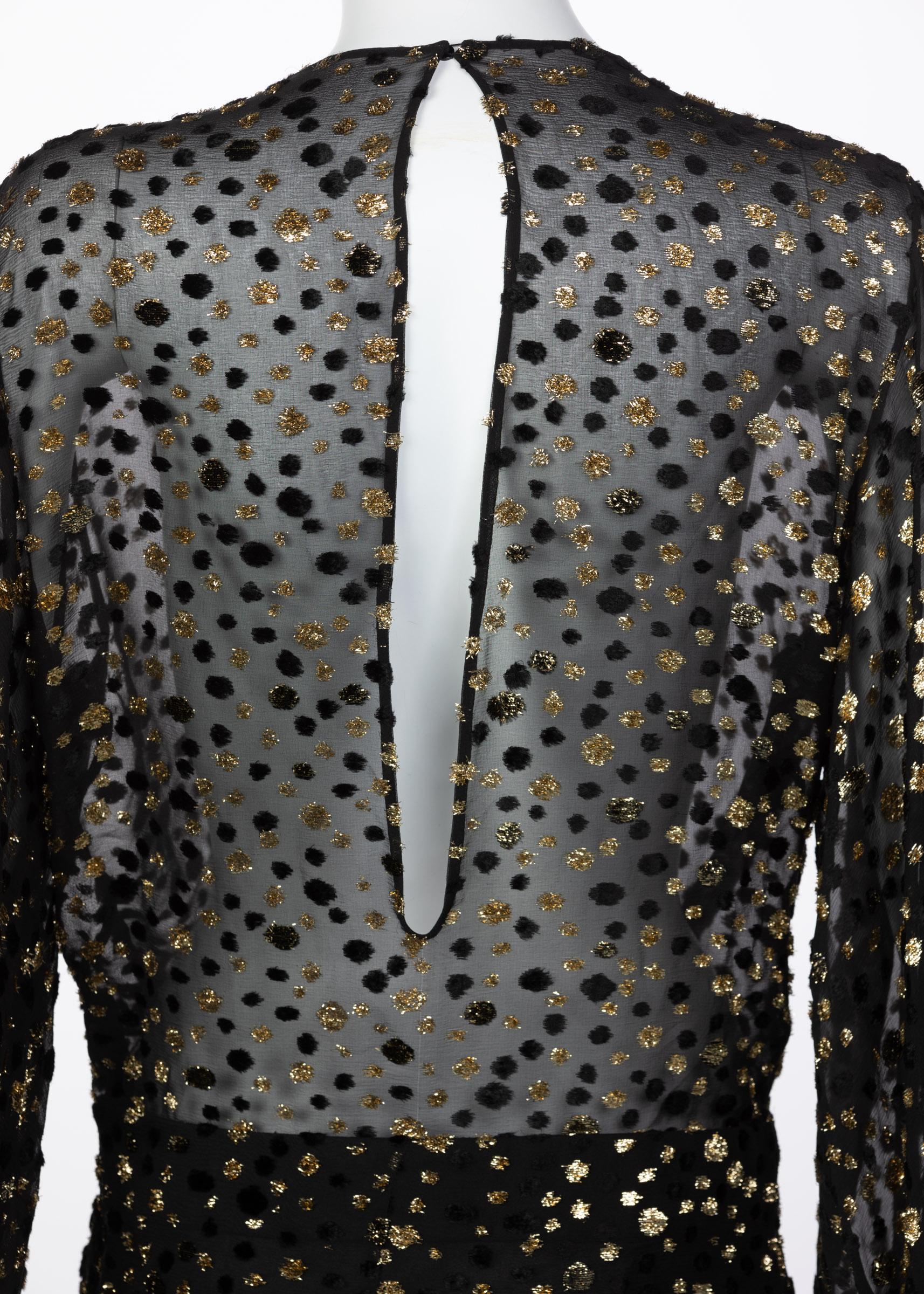Saint Laurent Sheer Black Silk Gold Lurex Dot Cut Out Back Tunic Mini Dress For Sale 2