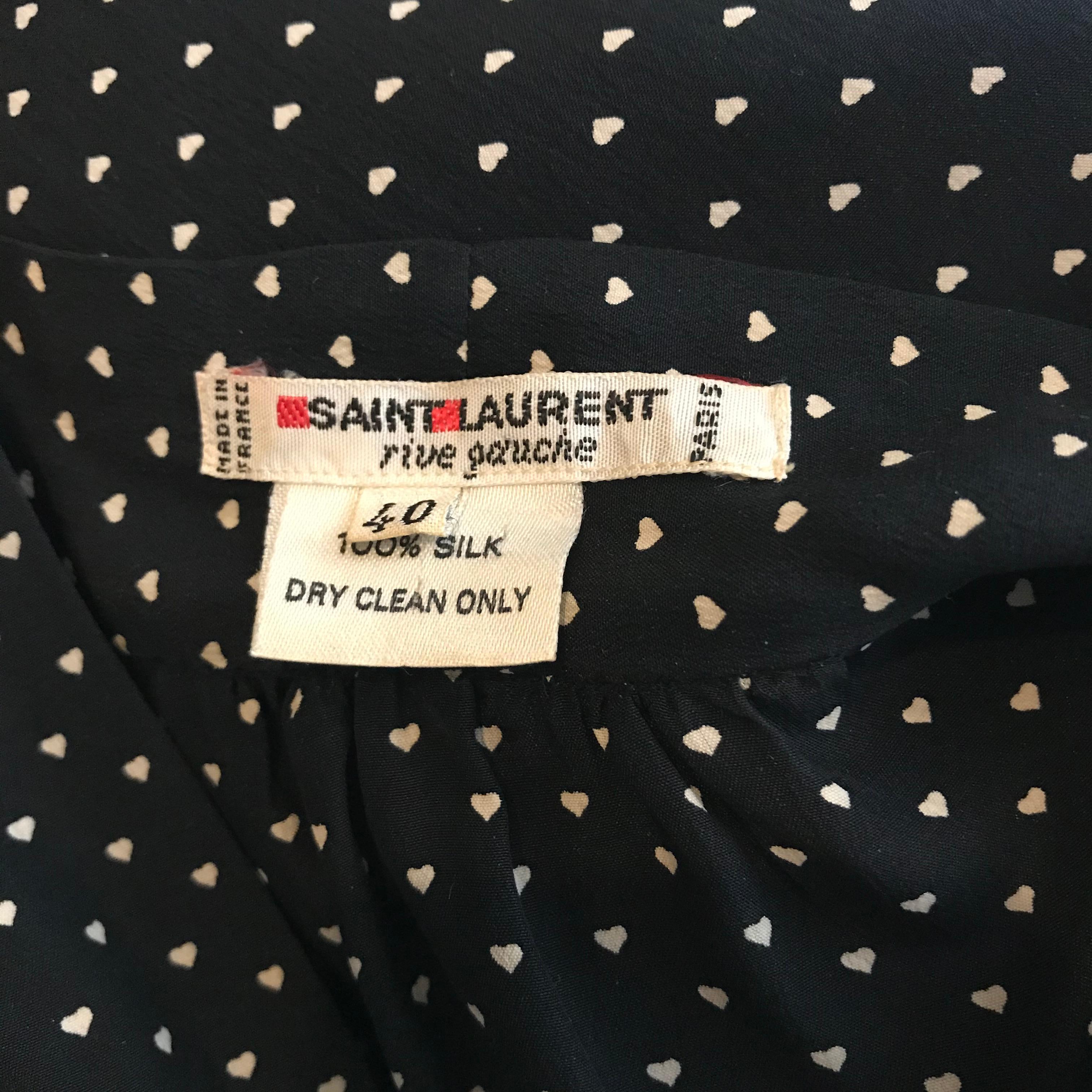 Saint Laurent Silk Blouse Hearts Print Pussy Bow Medium Size 4
