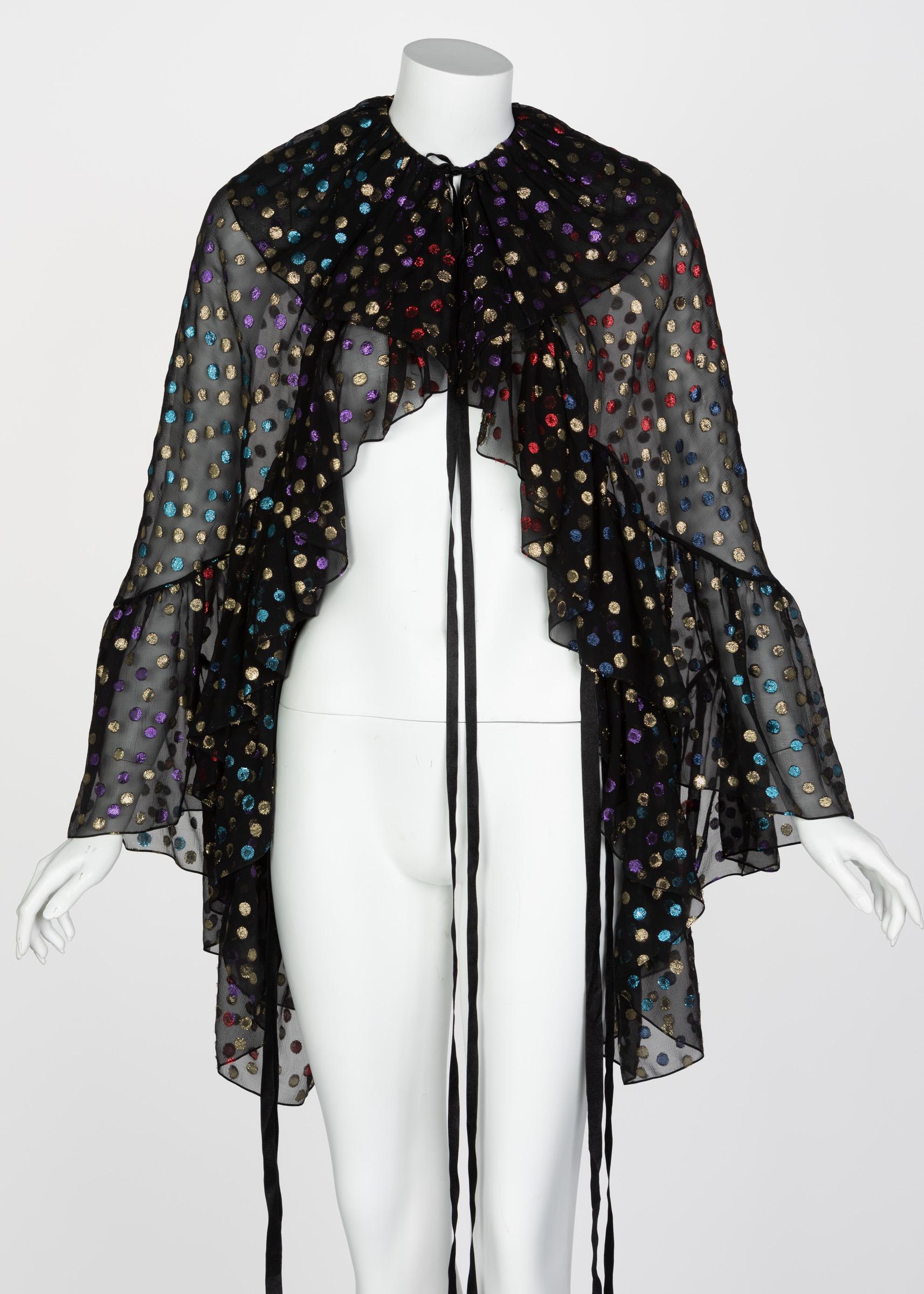 Nero Saint Laurent Silk Metallic Dot Ruffle Cape Blouse Top Runway YSL  2018 NEW in vendita