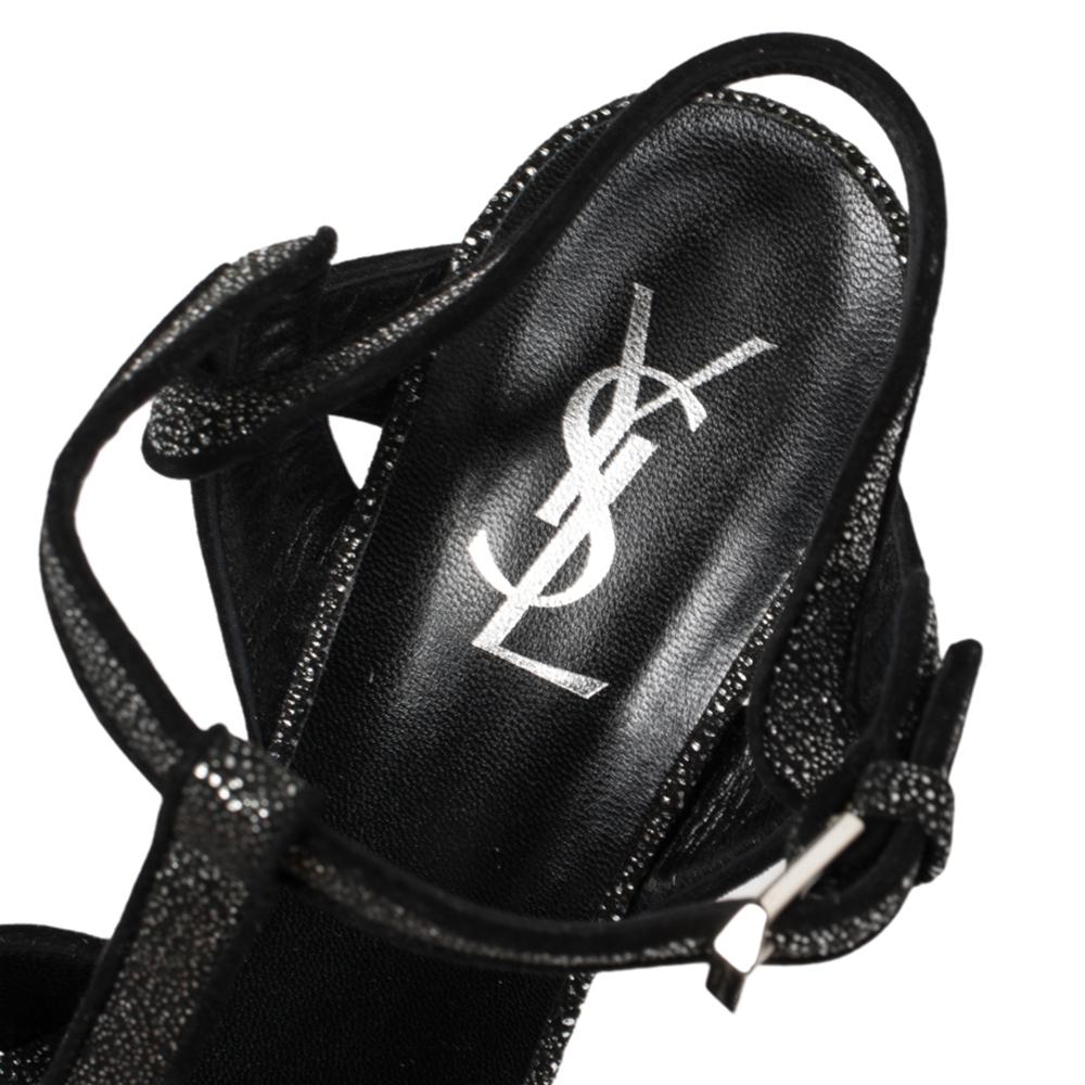 Saint Laurent Silver/Black Glitter Tribute Platform Ankle Strap Sandals Size 38 In Good Condition In Dubai, Al Qouz 2