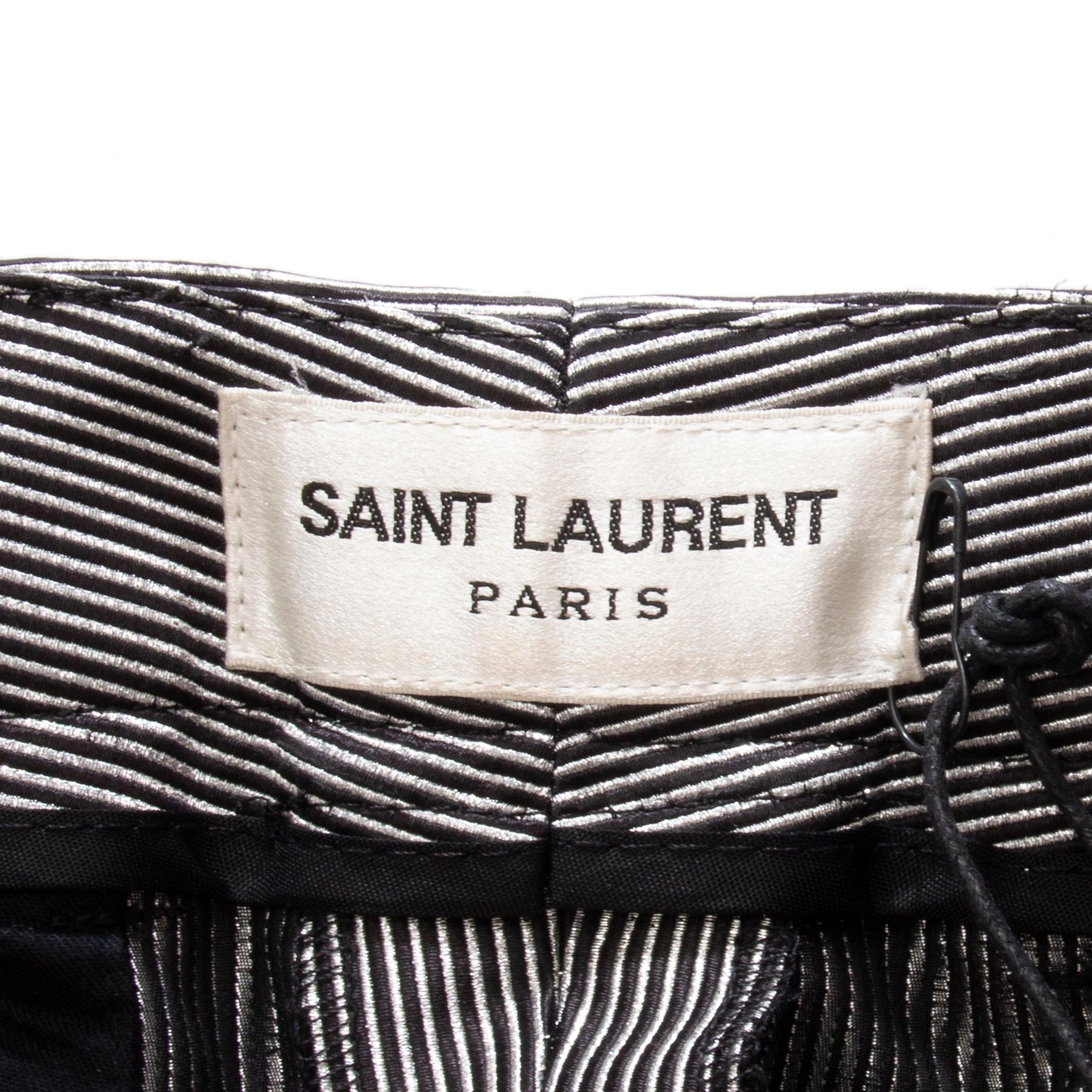 SAINT LAURENT silver & black polyester STRIPED SKINNY Pants 36 XS In Excellent Condition For Sale In Zürich, CH