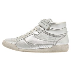 Saint Laurent Silver Foil Leather Perforated High Top Sneakers Size 43.5