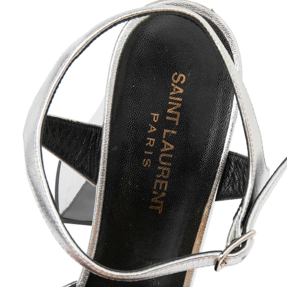  Saint Laurent Sandales à plateforme avec nœud bonbons en cuir argenté, taille 39,5 Pour femmes 