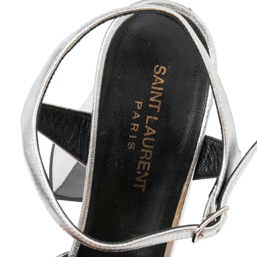 Saint Laurent Silberne Leder-Plateausandalen mit Bonbonschleife Größe 39,5 1