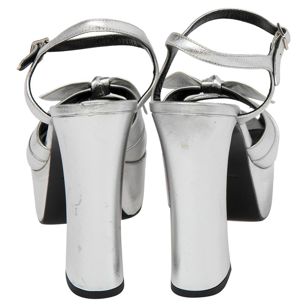 Women's Saint Laurent Silver Leather Candy Bow Platform Sandals Size 39.5