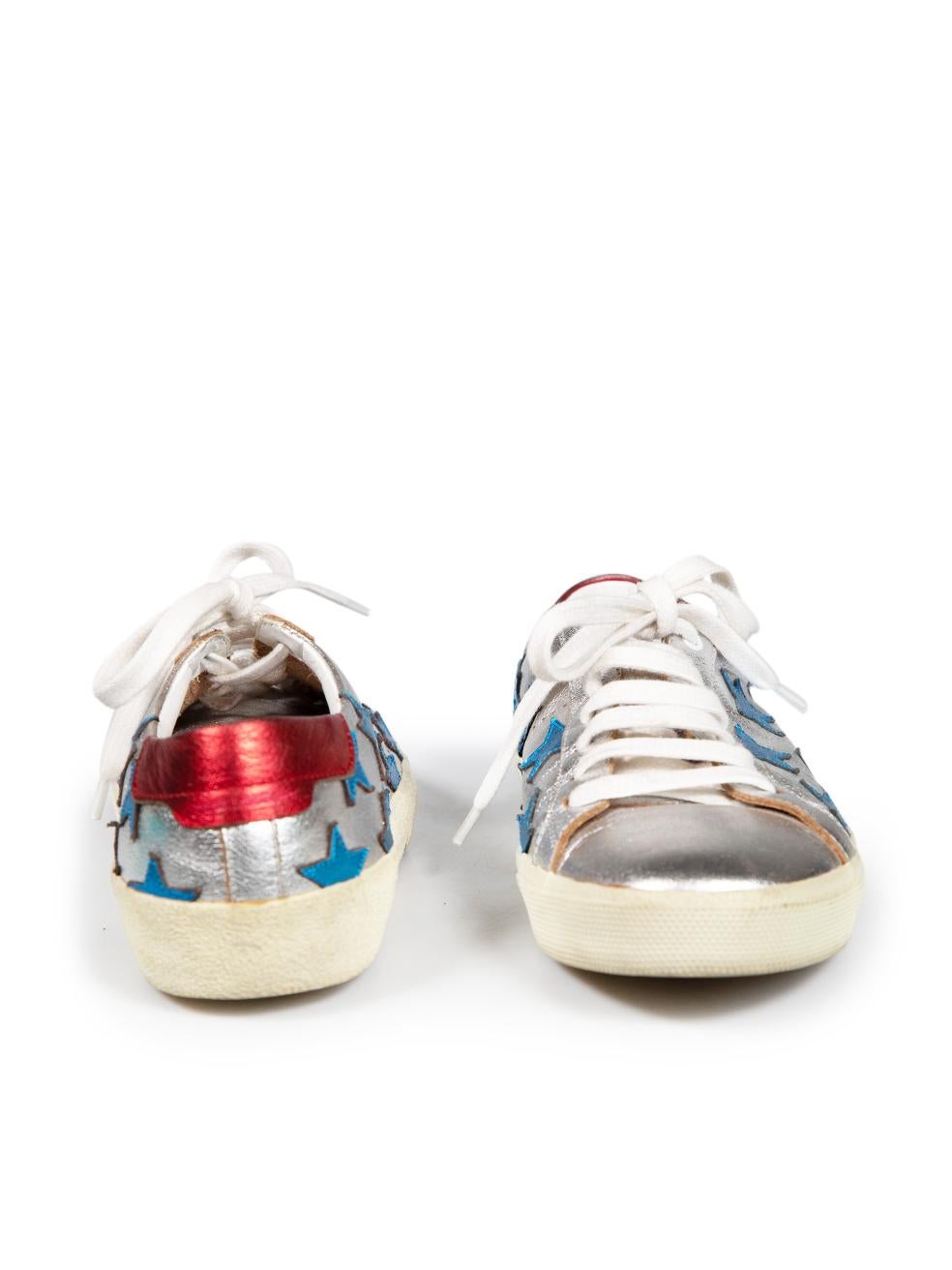 Saint Laurent Silver Leather Star Trainers Size IT 39 In Good Condition For Sale In London, GB