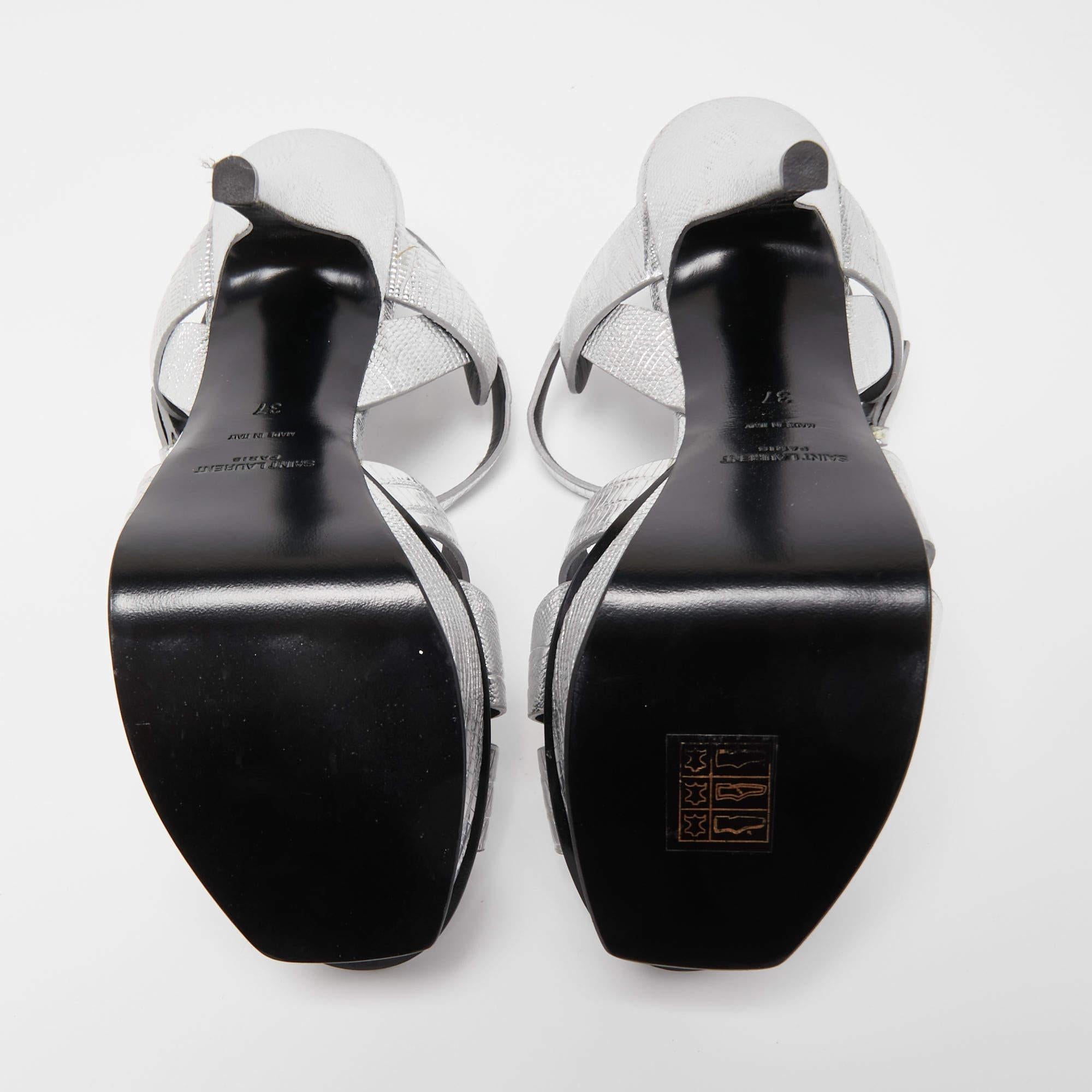 Saint Laurent Silver Lizard Embossed Leather Tribute Sandals Size 37 3