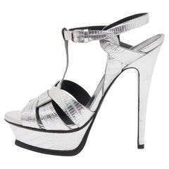 Saint Laurent Silver Lizard Embossed Leather Tribute Sandals Size 37