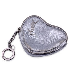 Saint Laurent Silver Metal Leather Heart Coin Purse with Key Chain