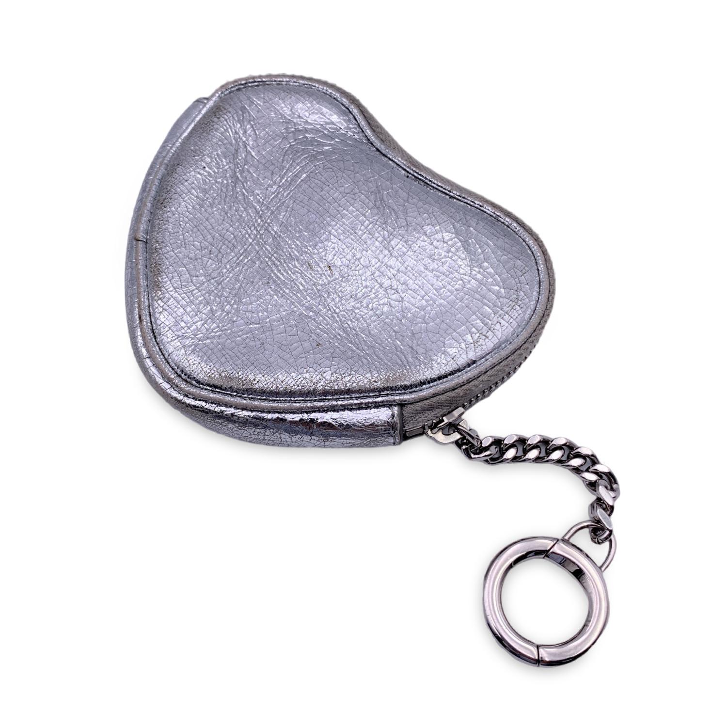 Women's Saint Laurent Silver Metal Leather Heart Coin Purse with Key Chain