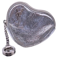 Used Saint Laurent Silver Metal Leather Heart Coin Purse with Key Chain