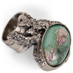 SAINT LAURENT bague ARSTY en métal argenté et verre vert menthe 6 / 6.5