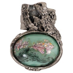 SAINT LAURENT silver metal & mint green glass ARSTY Ring 6 / 6.5