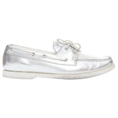 SAINT LAURENT silver metallic leather boat shoe loafers EU43
