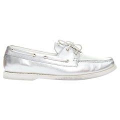 SAINT LAURENT silver metallic leather boat shoe loafers EU43