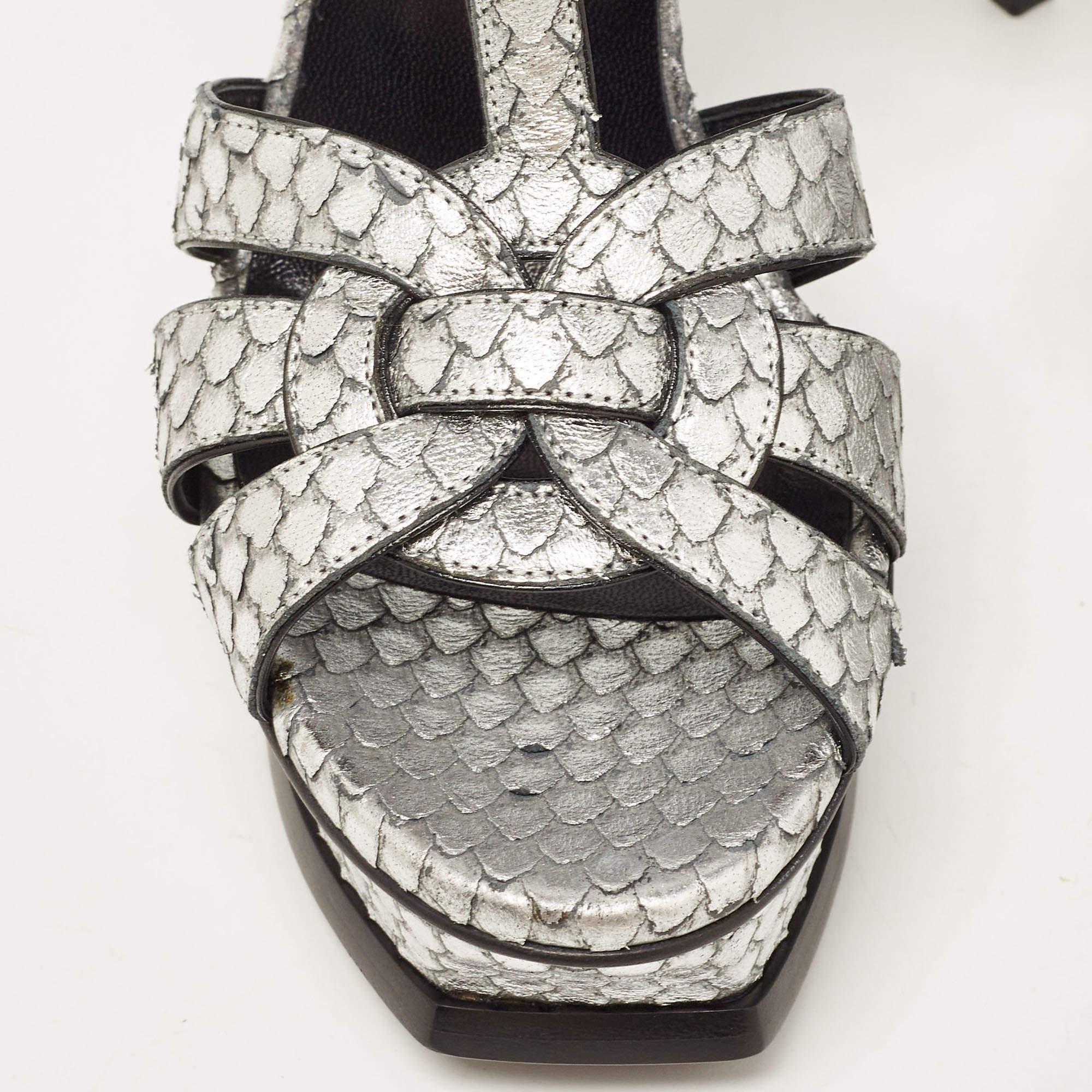Saint Laurent Silver Python Embossed Leather Tribute Ankle Strap Sandals Size 36 1