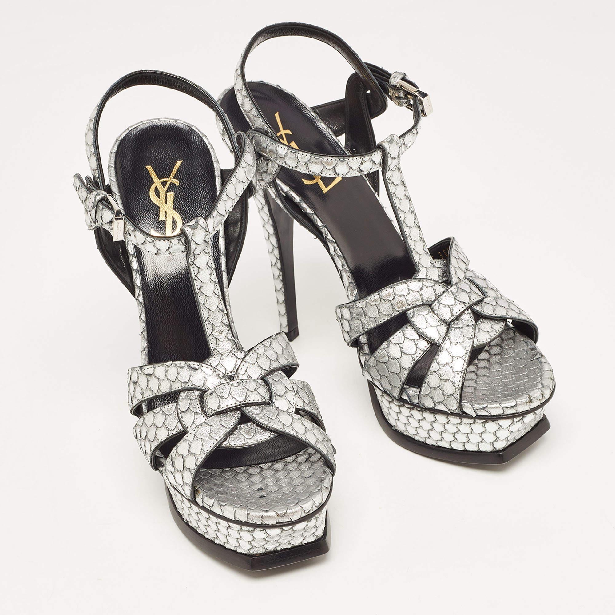 Saint Laurent Silver Python Embossed Leather Tribute Ankle Strap Sandals Size 36 2