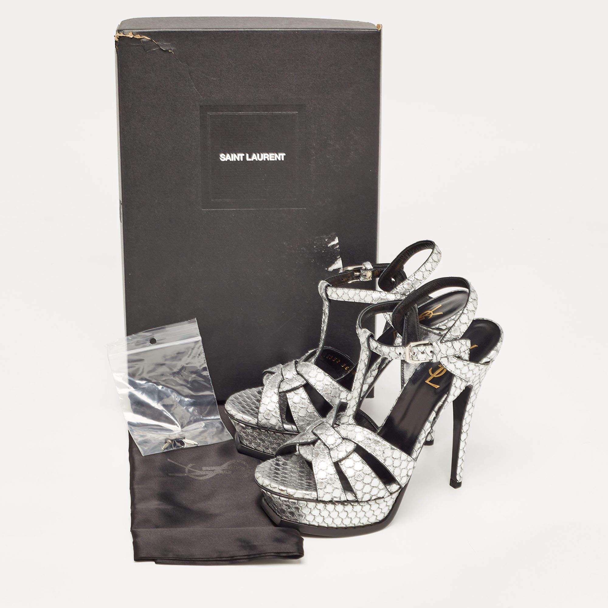 Saint Laurent Silver Python Embossed Leather Tribute Ankle Strap Sandals Size 36 5