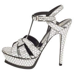 Saint Laurent Silver Python Embossed Leather Tribute Ankle Strap Sandals Size 36
