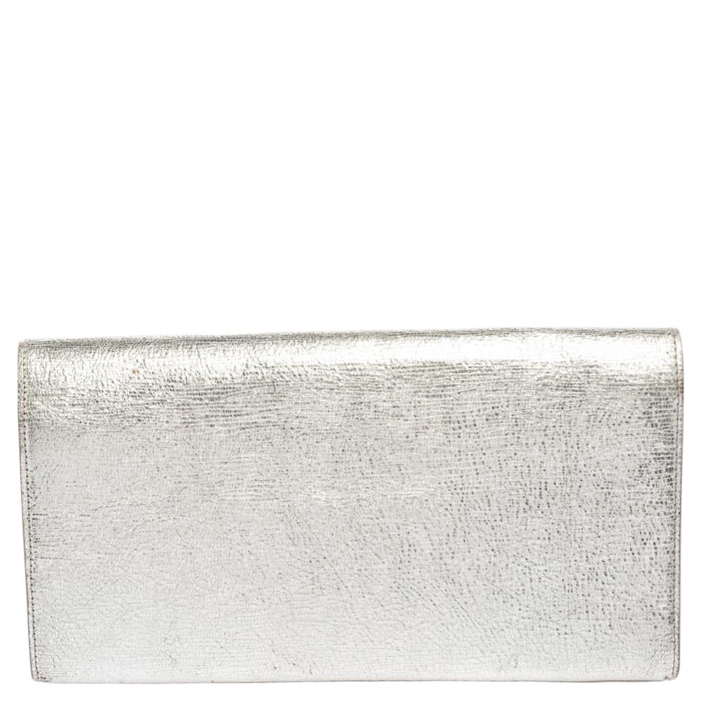 Saint Laurent Silver Textured Leather Kate Flap Clutch 6