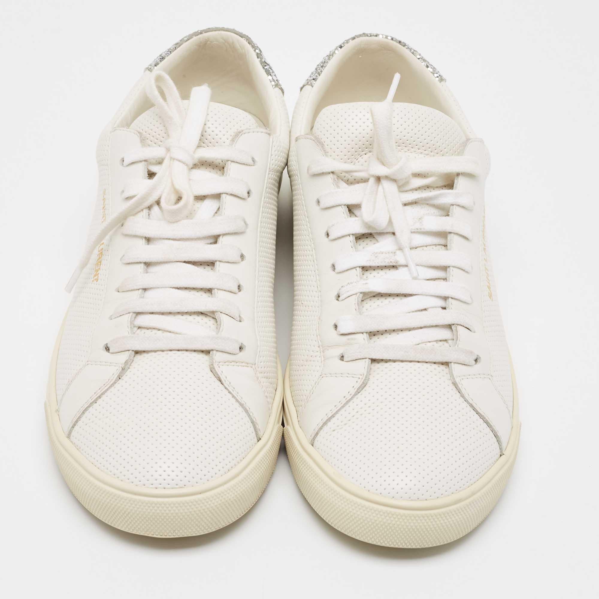 Saint Laurent Silver/White Leather and Glitter Andy Sneakers Size 40 In Good Condition In Dubai, Al Qouz 2
